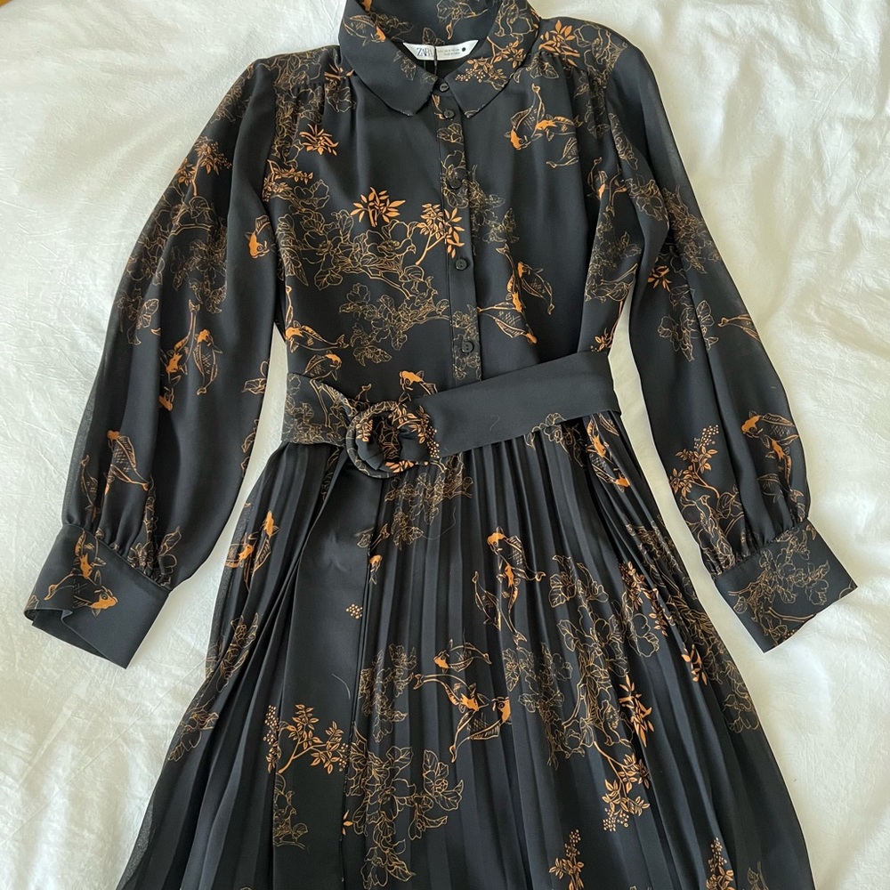 Zara Pleated Shirt Dress with Koi Fish Design